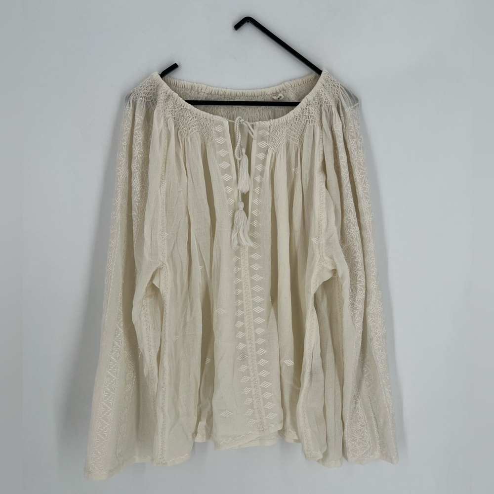 Doen Cream Embroidered Peasant Blouse with Tassel Tie